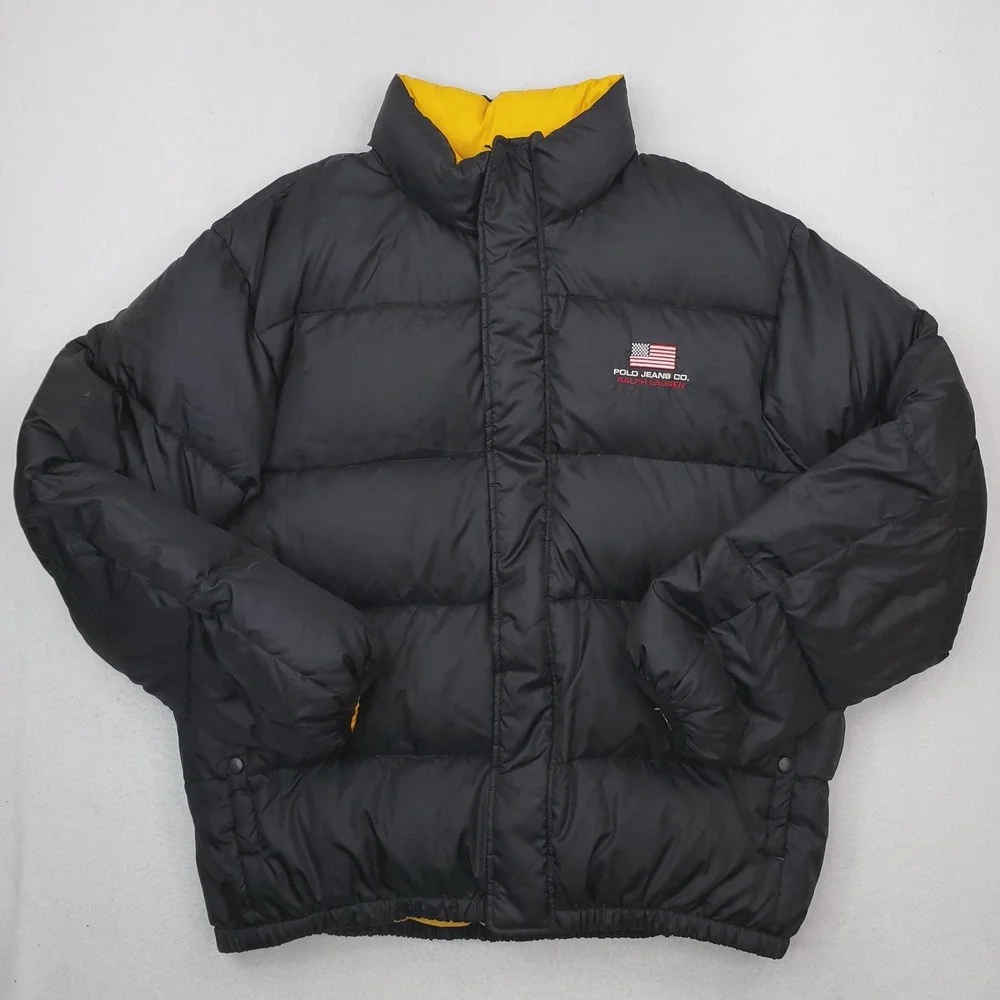 Vintage Polo Ralph Lauren Mens 2XL Black Down Puffer Quilted USA Flag 90s